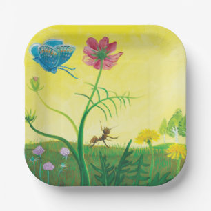 Plato De Papel Hormiga y mariposa en un Ilustracion de verano