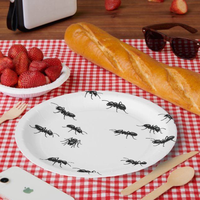 Plato De Papel Hormigas Negras sobre Blanco (Picnic)