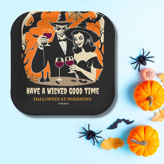 Plato De Papel Hormigón adulto Halloween malvado buen tiempo fies (Adult Halloween wicked good time tableware personalized party plates black with and Dracula toasting)