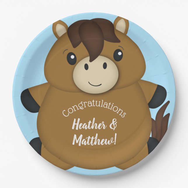 Plato De Papel Horse Baby Shower Blue Boy (Anverso)
