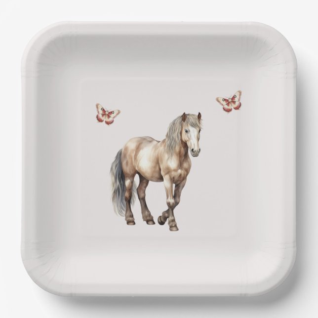 Plato De Papel Horse Cream Butterflies Cumpleaños (Anverso)