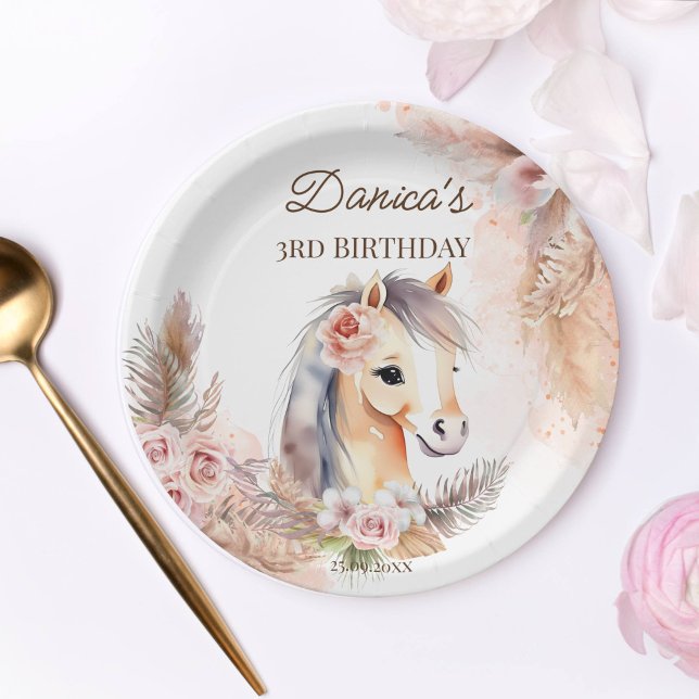 Plato De Papel Horses pony temática fiesta de cumpleaños (Horse themed birthday party supplies personalized paper plates cute baby horse pastel roses pampas)