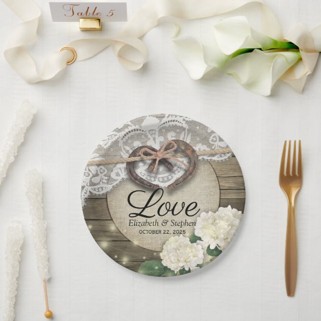 Plato De Papel Horseshoe Heart Lace Hydrangea Wood Wedding Shower (Boda)