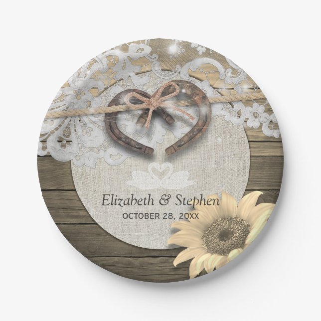 Plato De Papel Horseshoes Burlap Lace Sunflower Wedding Shower (Anverso)