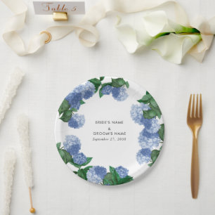 Plato De Papel Hortensia Azul Floristería Verde Moderna Boda