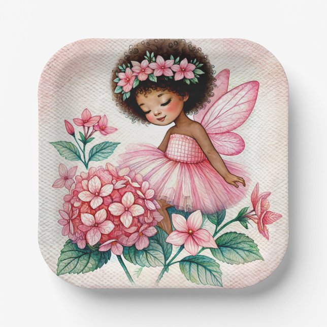 Plato De Papel Hortensia Rosa Hada Niña Negra Acuarela (Anverso)
