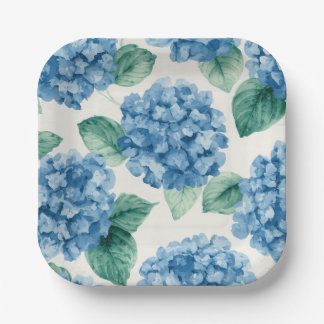 Plato De Papel Hortensias Azules Floral Acuarela Botánica Flores