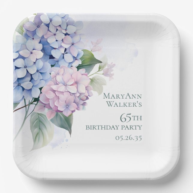 Plato De Papel Hortensias Azules Rosadas Cumpleaños 65 (Anverso)