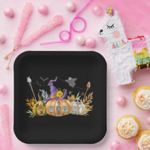 Plato De Papel Hospedaje de calabaza con fantasma y murciélagos