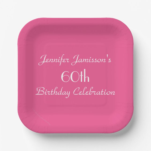 Plato De Papel Hot Pink 60th Birthday Party Name Square (Anverso)