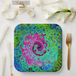 Plato De Papel Hot Pink and Blue Groovy Abstract Retro Swirl