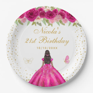 Plato De Papel Hot Pink Floral Dark Skin Princess Birthday Party
