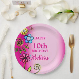 Plato De Papel Hot Pink Hand-drawn Wildflowers