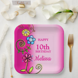 Plato De Papel Hot Pink Hand-drawn Wildflowers