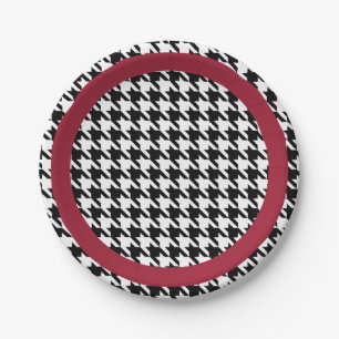 Plato De Papel Houndstooth blanco y negro con acento carmesí