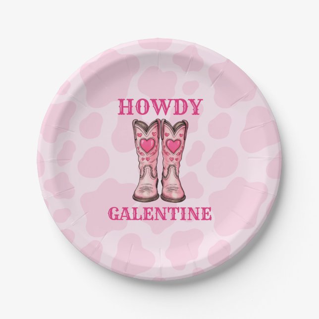 Plato De Papel Howdy Galentine Pink Western Cowgirl Paper Plate (Anverso)