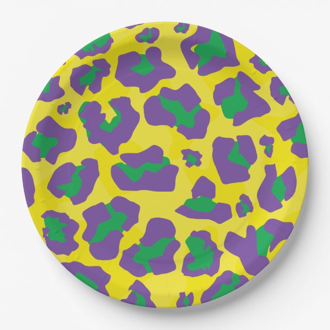 Plato De Papel Huella animal leopardo en morado, verde y amarillo (Anverso)