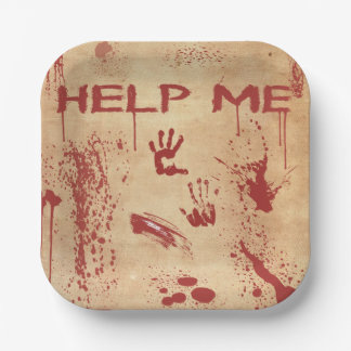 Plato De Papel Huella de Mano Ensangrentada Halloween Salpicado d