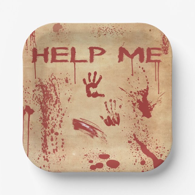 Plato De Papel Huella de Mano Ensangrentada Halloween Salpicado d (Anverso)