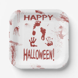 Plato De Papel Huella de Mano Sangrienta Feliz Halloween