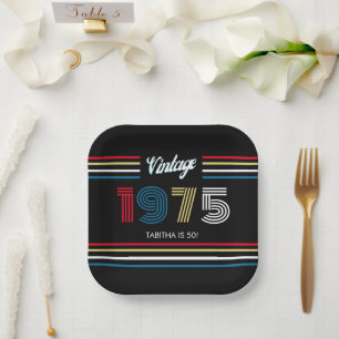 Plato De Papel Huella retro vintage 1975 Colores primarios