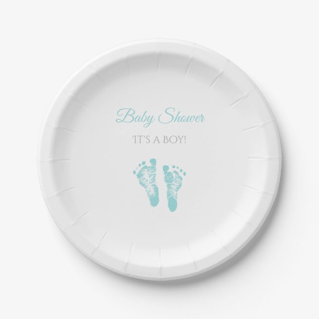 Plato De Papel Huellas azules preciosas de Baby Shower del (Anverso)