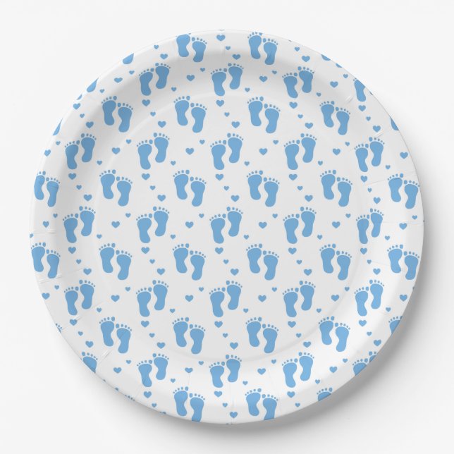 Plato De Papel Huellas de bebé niño azul sobre blanco (Anverso)