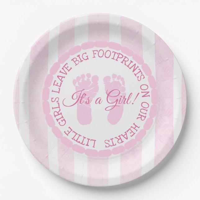 Plato De Papel Huellas rosadas Chica Placas de papel Baby Shower (Anverso)