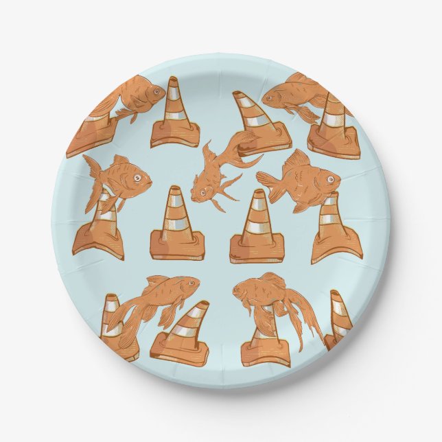 Plato De Papel Huesos de carretera y pez dorado naranja (Anverso)