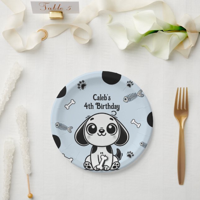 Plato De Papel Huesos de peces azules y negros Cachorro de cumple (Boda)