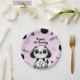 Plato De Papel Huesos de Pescado Rosados y Negros Cumpleaños de P