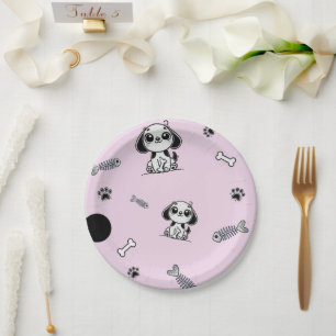 Plato De Papel Huesos de Pescado Rosados y Negros Cumpleaños de P