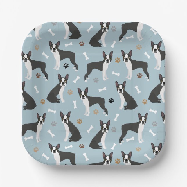 Plato De Papel Huesos y caminos de Boston Terrier (Anverso)