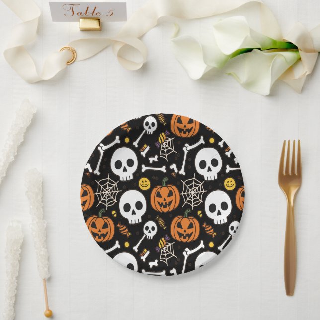 Plato De Papel Huesos y Esqueletos Espeluznantes para Halloween (Boda)