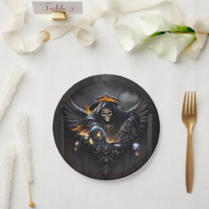 Plato De Papel Huesos y magia, esqueleto con dados místicos.