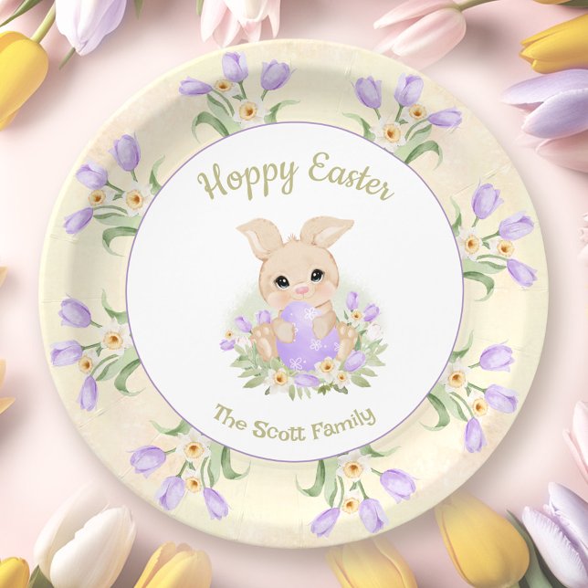 Plato De Papel Huevo de Brunch de Pascua Caza Conejo Púrpura Amar (Easter Brunch Egg Hunt Yellow Purple Bunny Name Paper Plates)