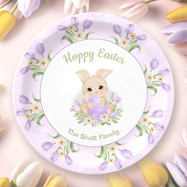 Plato De Papel Huevo de Brunch de Pascua Caza Tulipano Púrpura No (Easter Brunch Egg Hunt Purple Tulips Bunny Name Paper Plates)