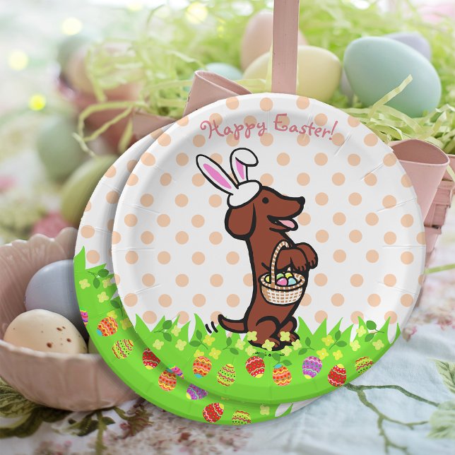 Plato De Papel Huevo de Pascua Rojo Smooth Haired Dachshund Plate (Easter Egg Red Smooth Haired Dachshund Paper Plate for Easter Egg Hunt.  Cute Dog Cartoon Design.)