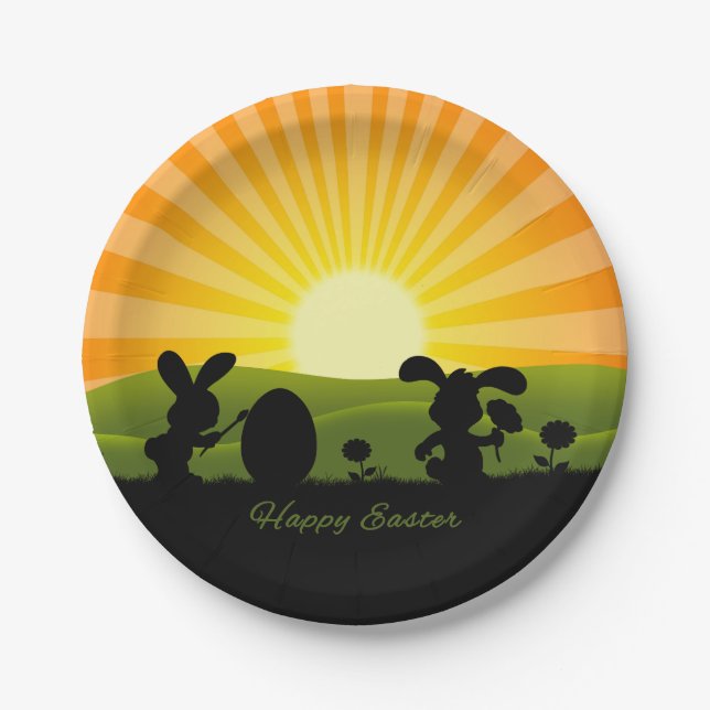 Plato De Papel Huevo de pintura de conejo de Pascua (Anverso)