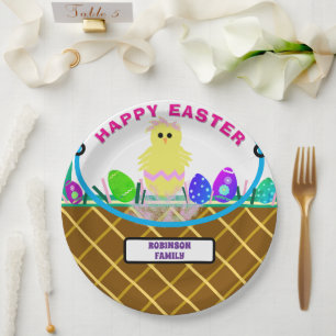 Plato De Papel Huevo de pollo rosa amarillo de la cesta de Pascua
