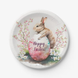 Plato De Papel Huevo y flores de conejo de color de agua de Pascu