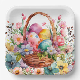 Plato De Papel Huevos de Canasta de Pascua y Flores de Primavera