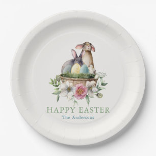 Plato De Papel Huevos de conejo floral Happy Easter Paper Plates