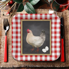 Plato De Papel Huevos de Gallina Rojo y Blanco Cuadro Campestre