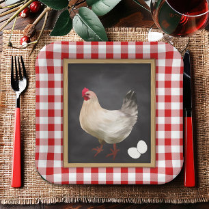 Plato De Papel Huevos de Gallina Rojo y Blanco Cuadro Campestre