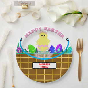 Plato De Papel Huevos de Pascua de pollo amarillo rosa