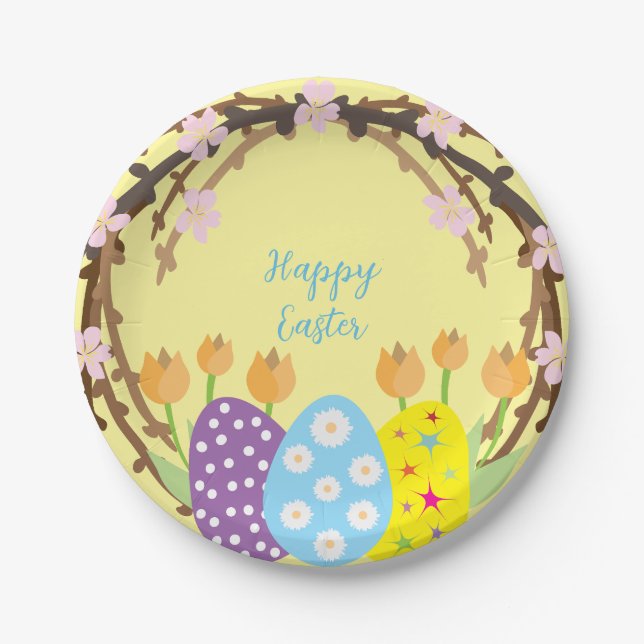 Plato De Papel Huevos de Pascua Floral Personalizado de guirnalda (Anverso)