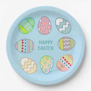 Plato De Papel Huevos de Pascua Pintados sobre Azul Claro