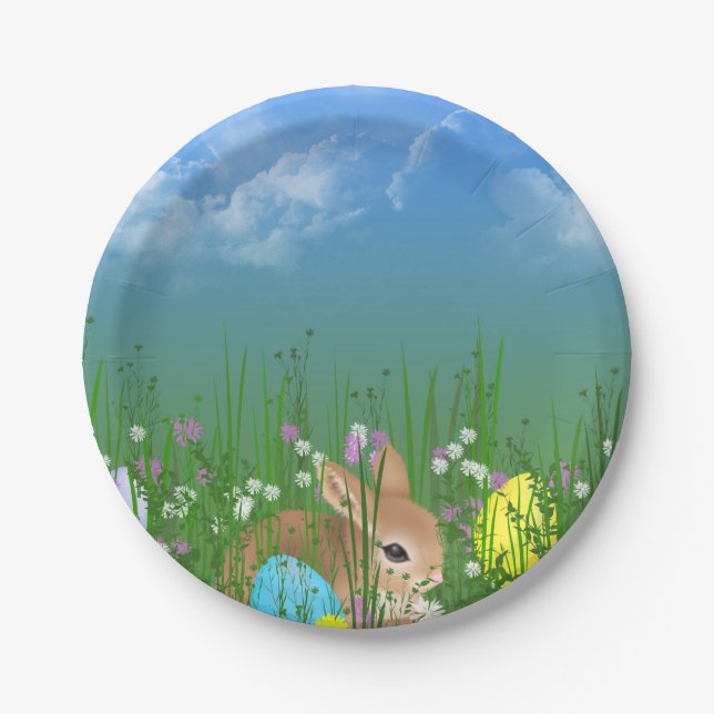 Plato De Papel Huevos de Pascua y conejo con hierba (Anverso)