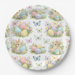 Plato De Papel Huevos y conejos de Pascua Flores y mariposas